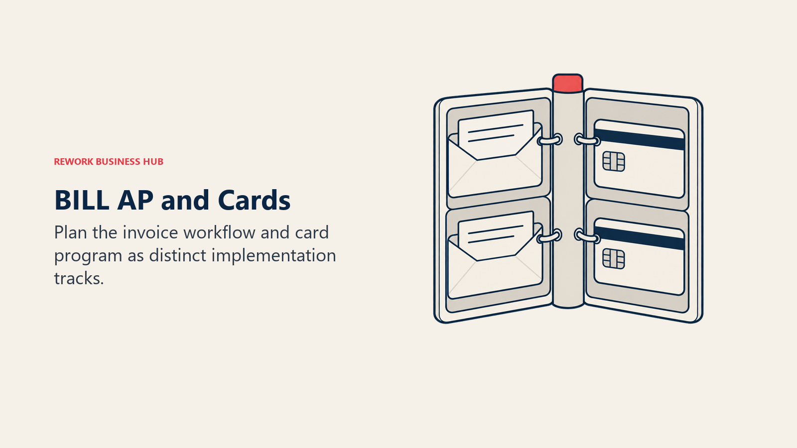 BILL AP and Cards: A binder separates invoice envelopes from striped payment cards in two groups.