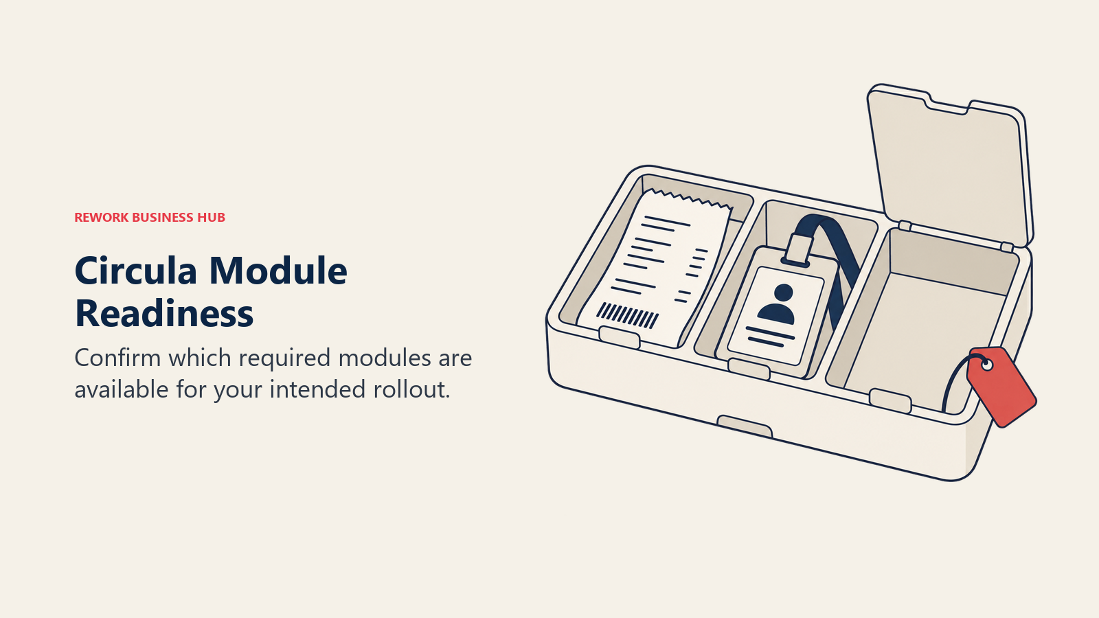 Circula Module Readiness: An organizer holds an expense receipt and employee badge beside a compartment awaiting a module.