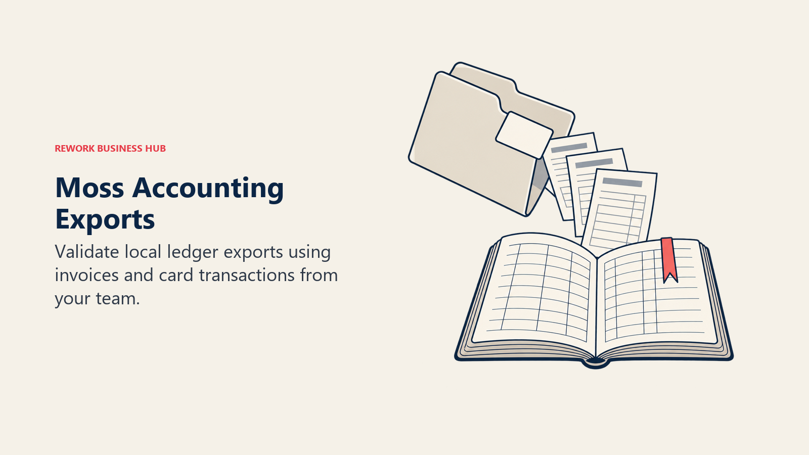 Moss Accounting Exports: Accounting export sheets flow from a folder toward an open ledger.