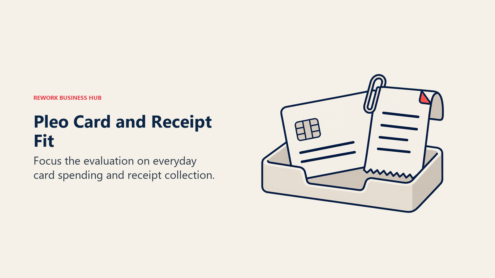Pleo Card and Receipt Fit: A chipped payment card and serrated receipt are joined by a paperclip in a desk tray.