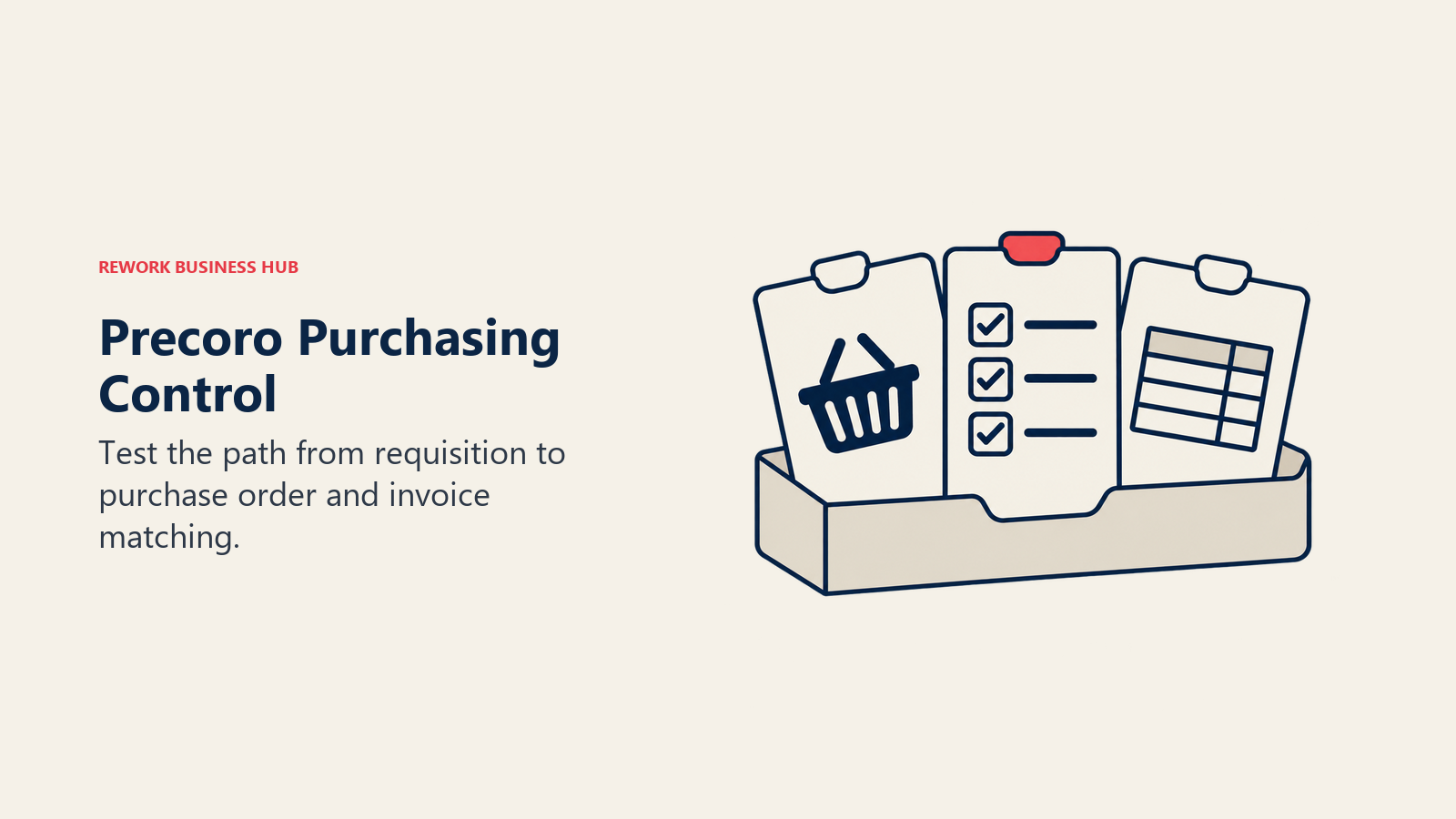 Precoro Purchasing Control: A request basket, approval checklist, and invoice grid distinguish three purchasing records in a tray.