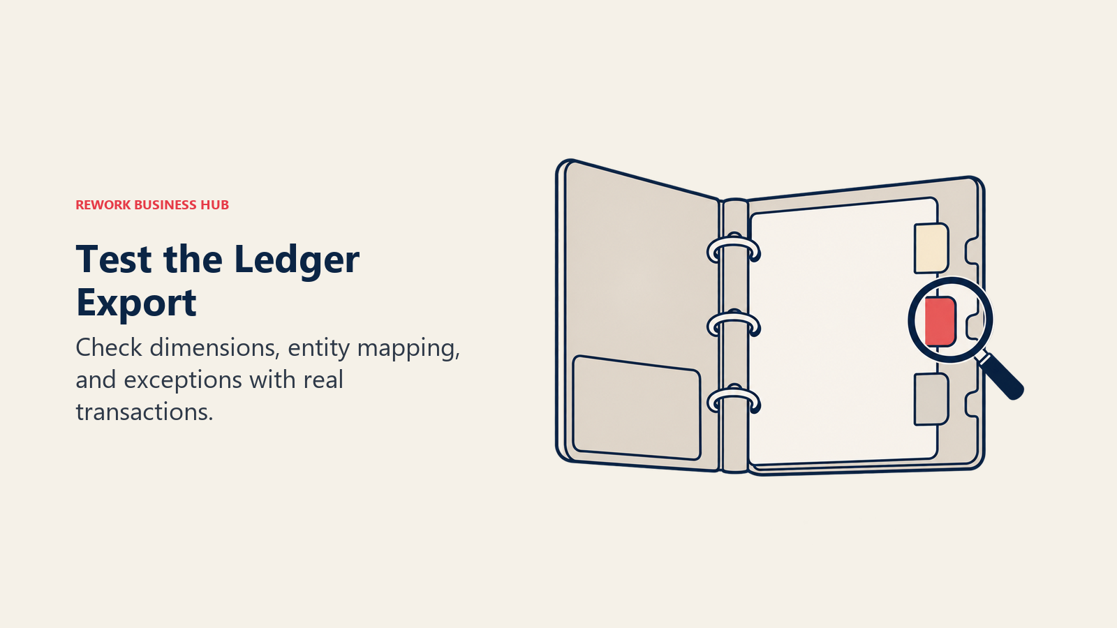 Test the Ledger Export: A magnifying glass inspects an entity tab in an accounting binder.