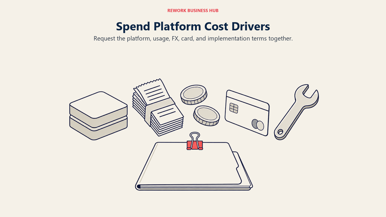 Spend Platform Cost Drivers: Platform blocks, transaction receipts, currency coins, a card, and a wrench surround a quote folder.
