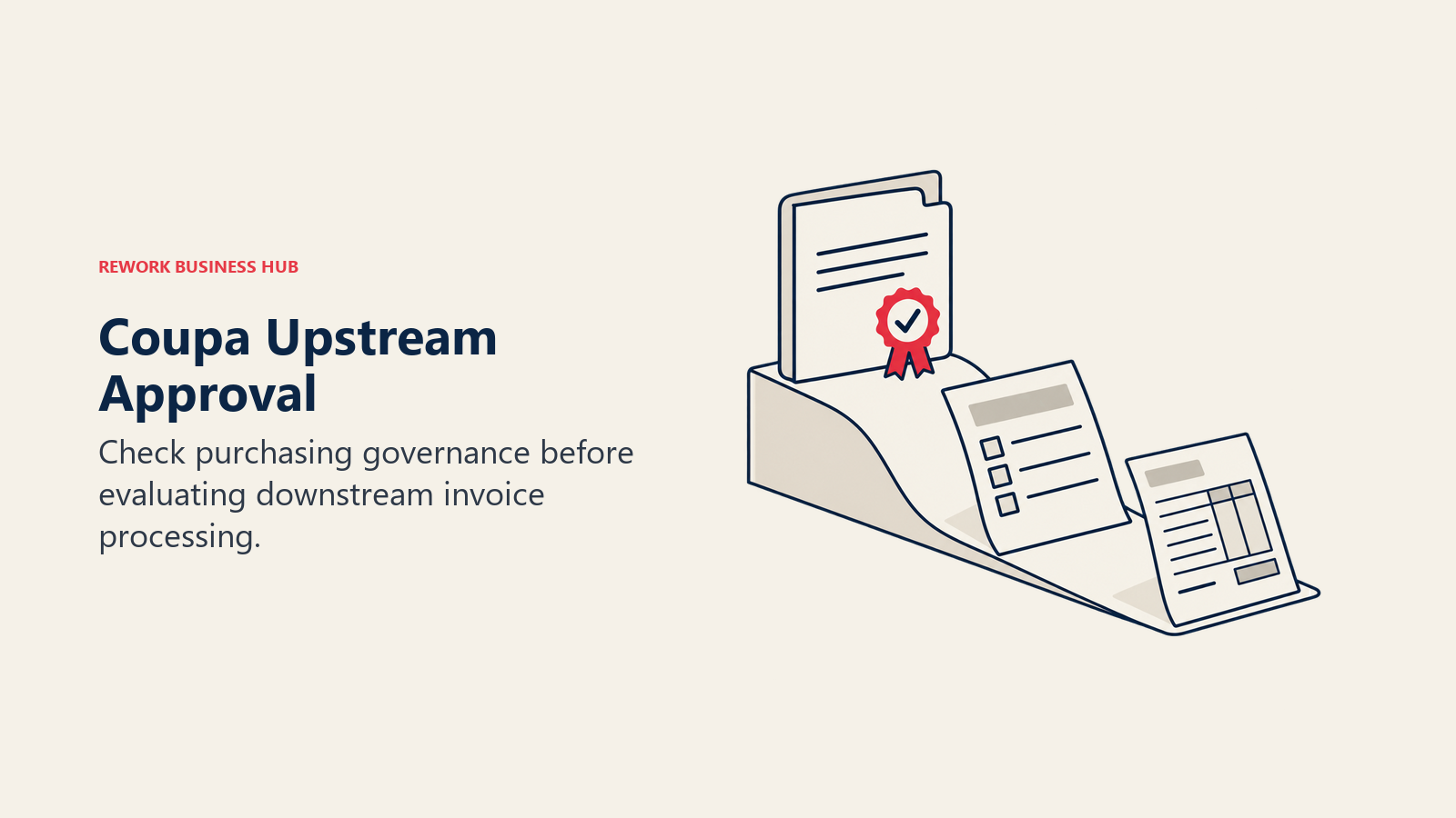 Coupa Upstream Approval: An approved contract leads through a purchase checklist to an invoice on a sloping path.