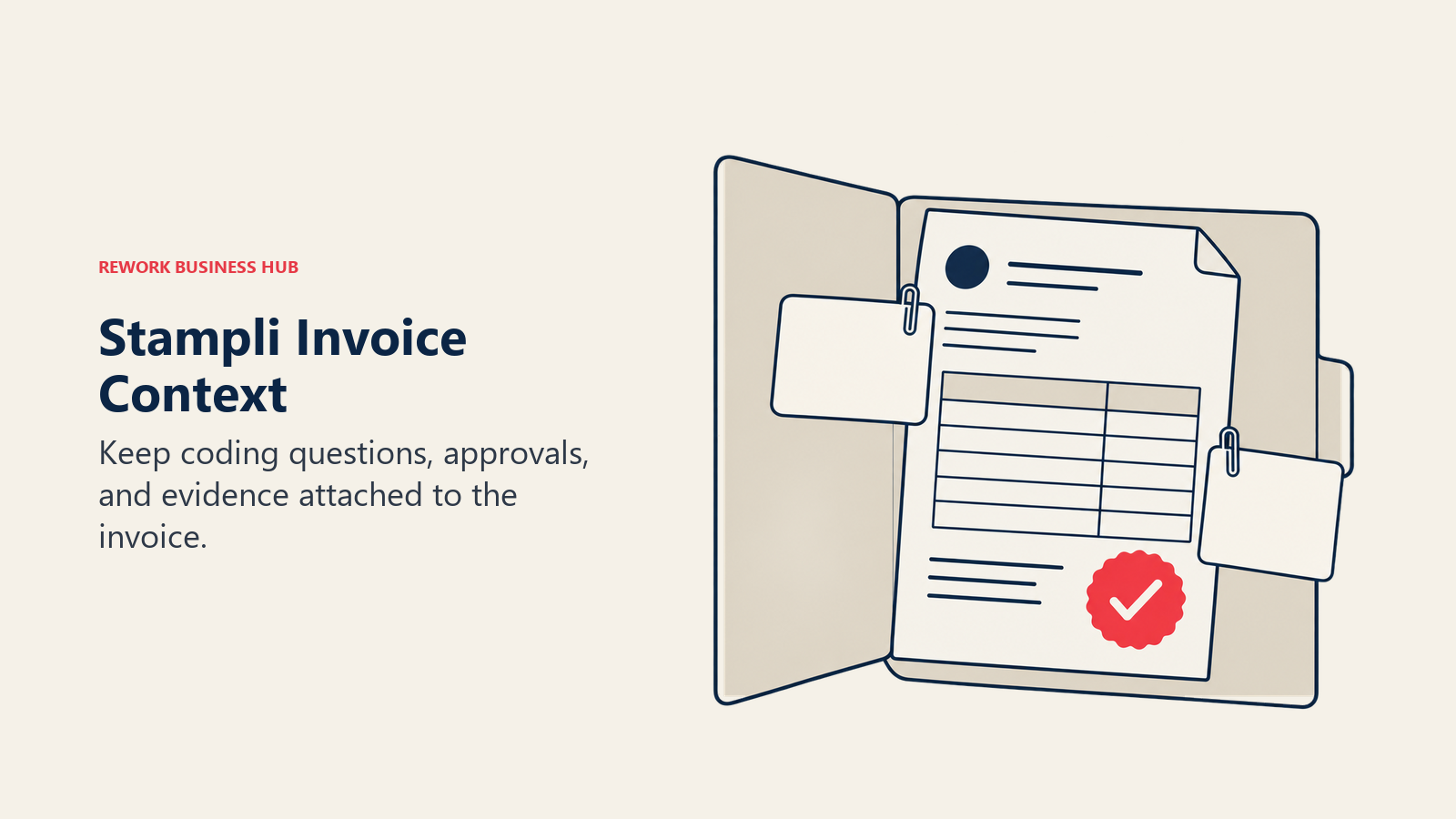 Stampli Invoice Context: An invoice carries attached discussion notes and an approval mark.