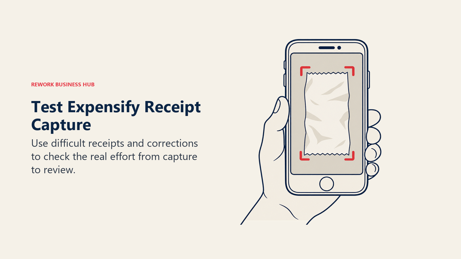A hand scanning a creased receipt on a phone for an Expensify capture test
