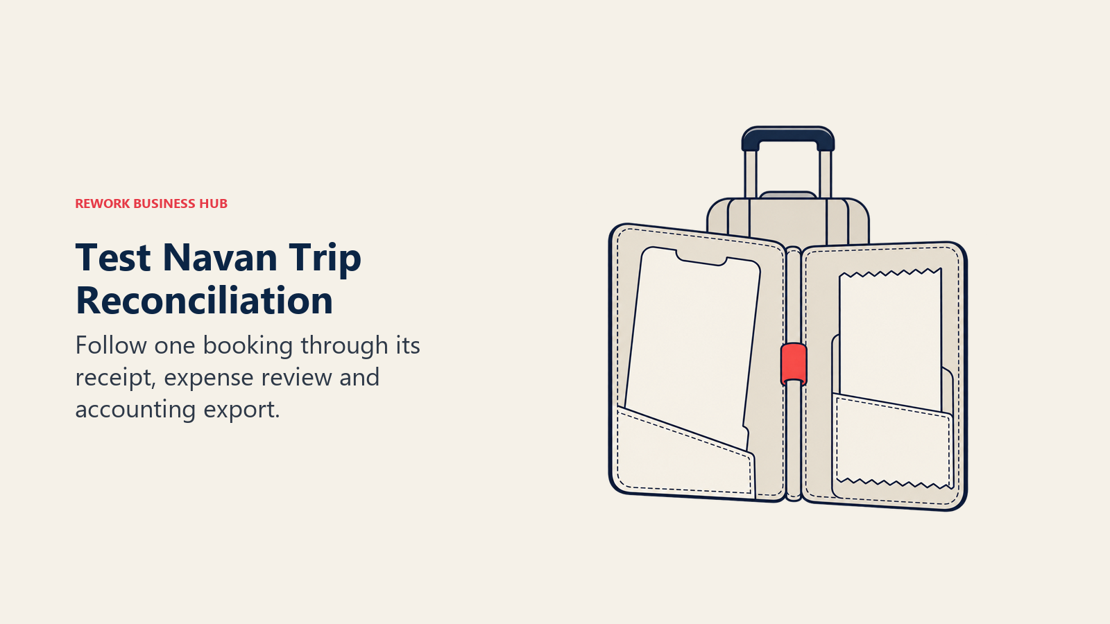 A travel folio holding a ticket and receipt beside luggage for a Navan reconciliation test