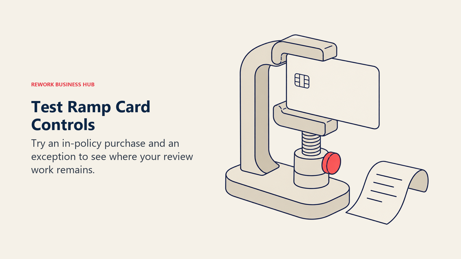 A card held in an adjustable clamp beside a receipt, illustrating a Ramp policy test