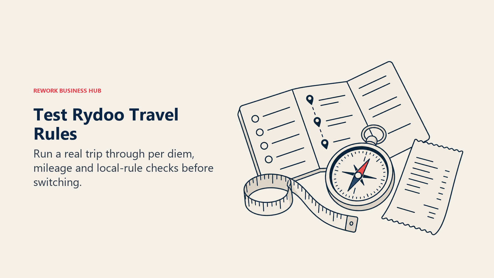A travel itinerary, compass, measuring tape and receipt for testing Rydoo travel rules