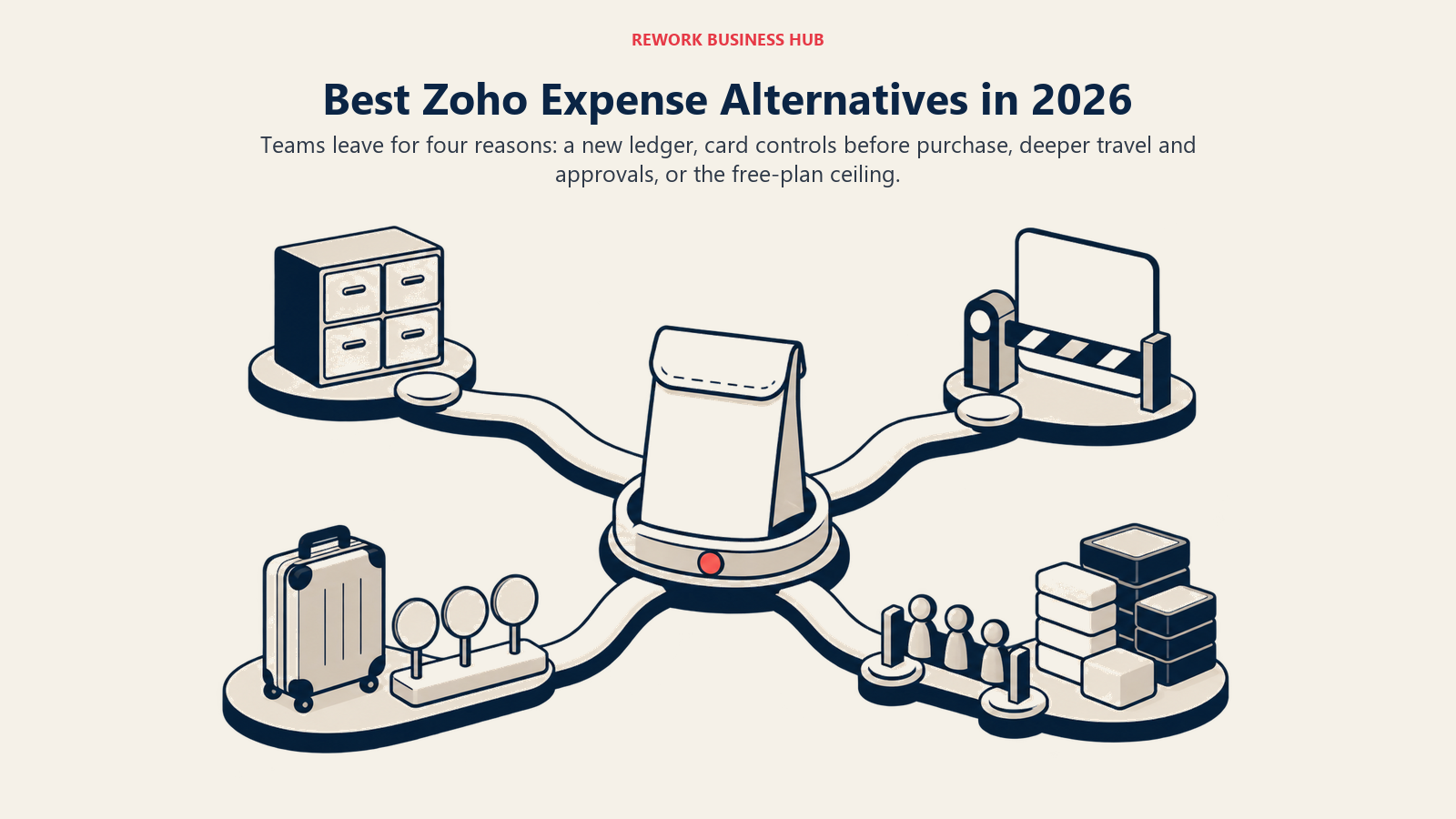 Zoho Expense alternatives branching from reimbursement into card controls, a new accounting ledger, travel, and enterprise spend governance