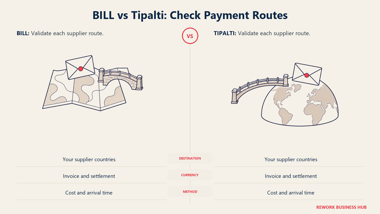 Map and globe bridges illustrating supplier-payment route tests for BILL and Tipalti
