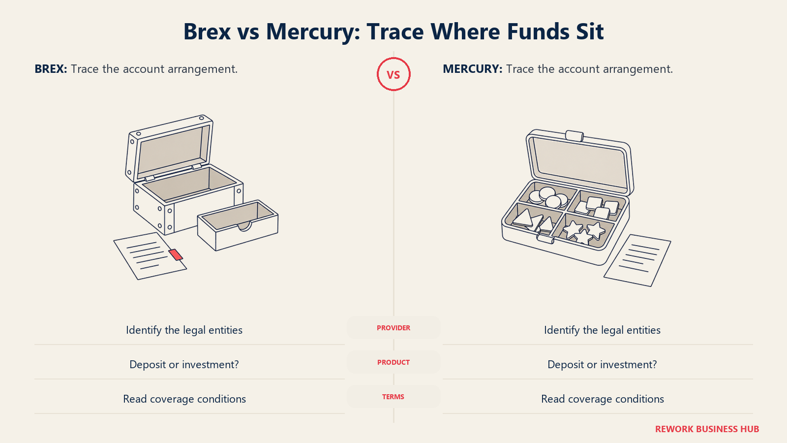 A cash box and a divided case illustrating how to trace Brex and Mercury account arrangements