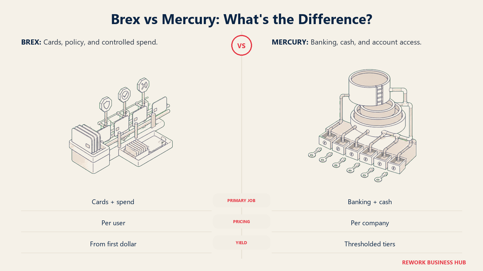 Brex spend-control card gate compared with Mercury business-banking cash reservoir