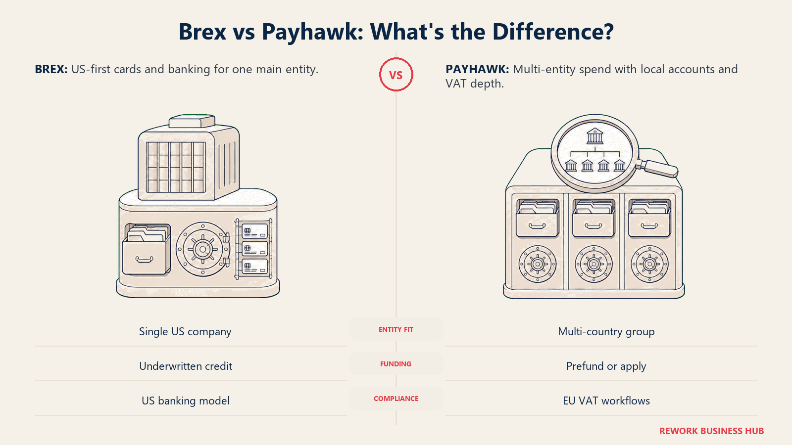 Single-entity US spend hub compared with a multi-entity European finance cabinet for Brex versus Payhawk