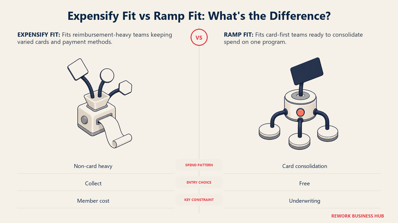 Expensify buyer fit compared with Ramp buyer fit using a flexible multi-payment adapter and a consolidated card-spend hub