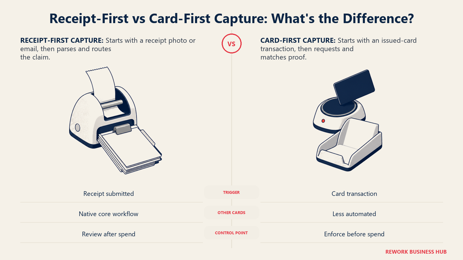 Receipt-first expense capture compared with card-first capture using matched scan and transaction-trigger instruments