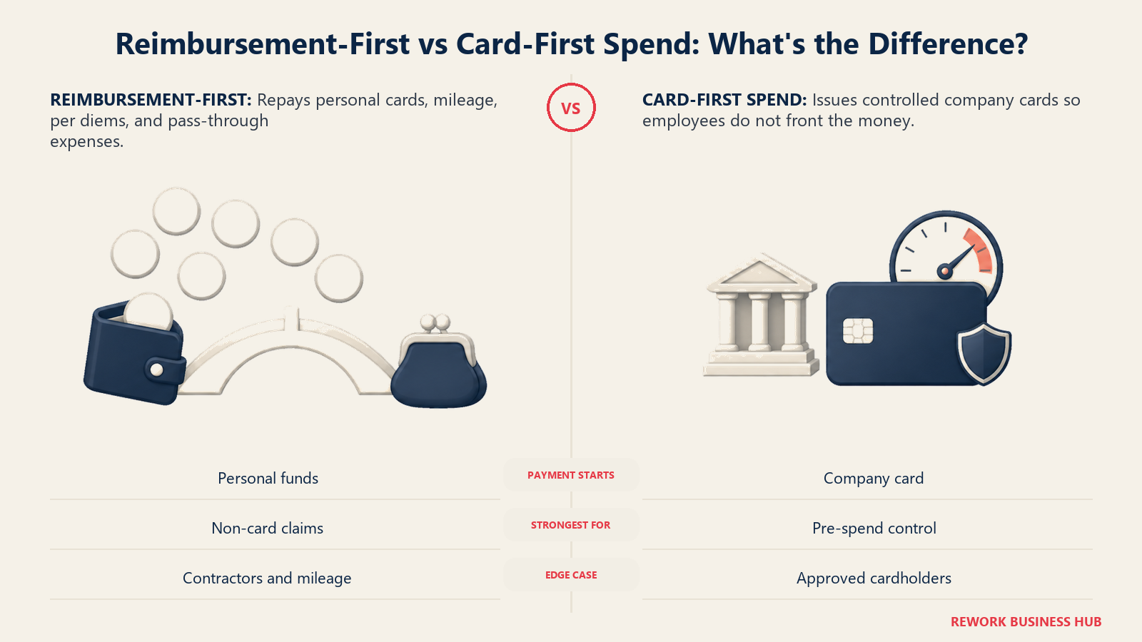 Reimbursement-first expense handling compared with card-first spend control using a repayment bridge and a guarded company-card lane
