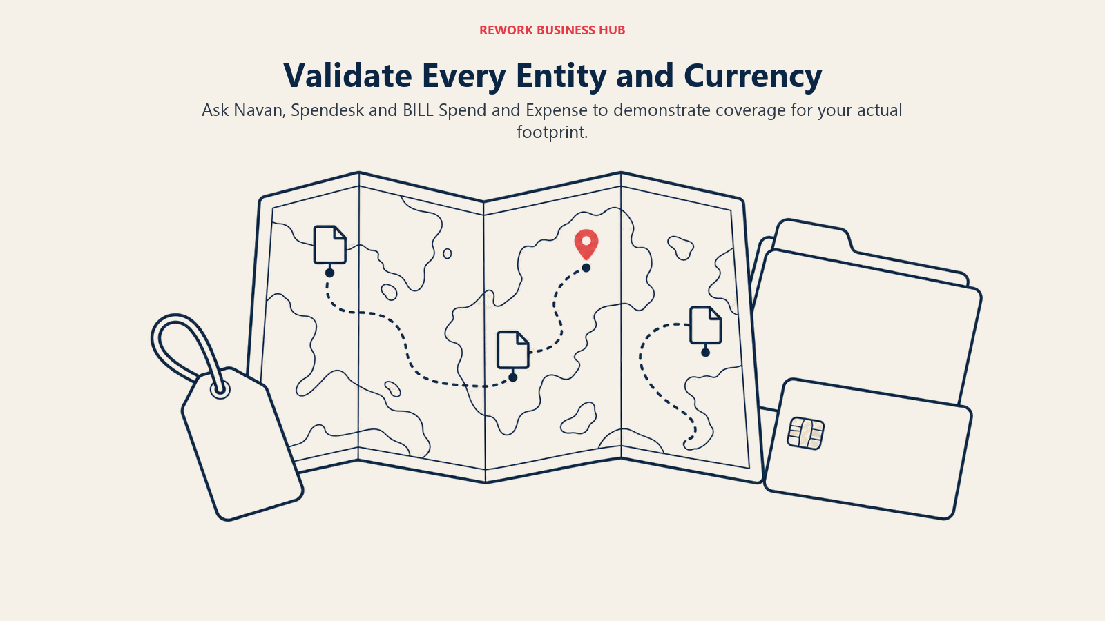 Three document markers on a map for checking Navan, Spendesk and BILL regional coverage