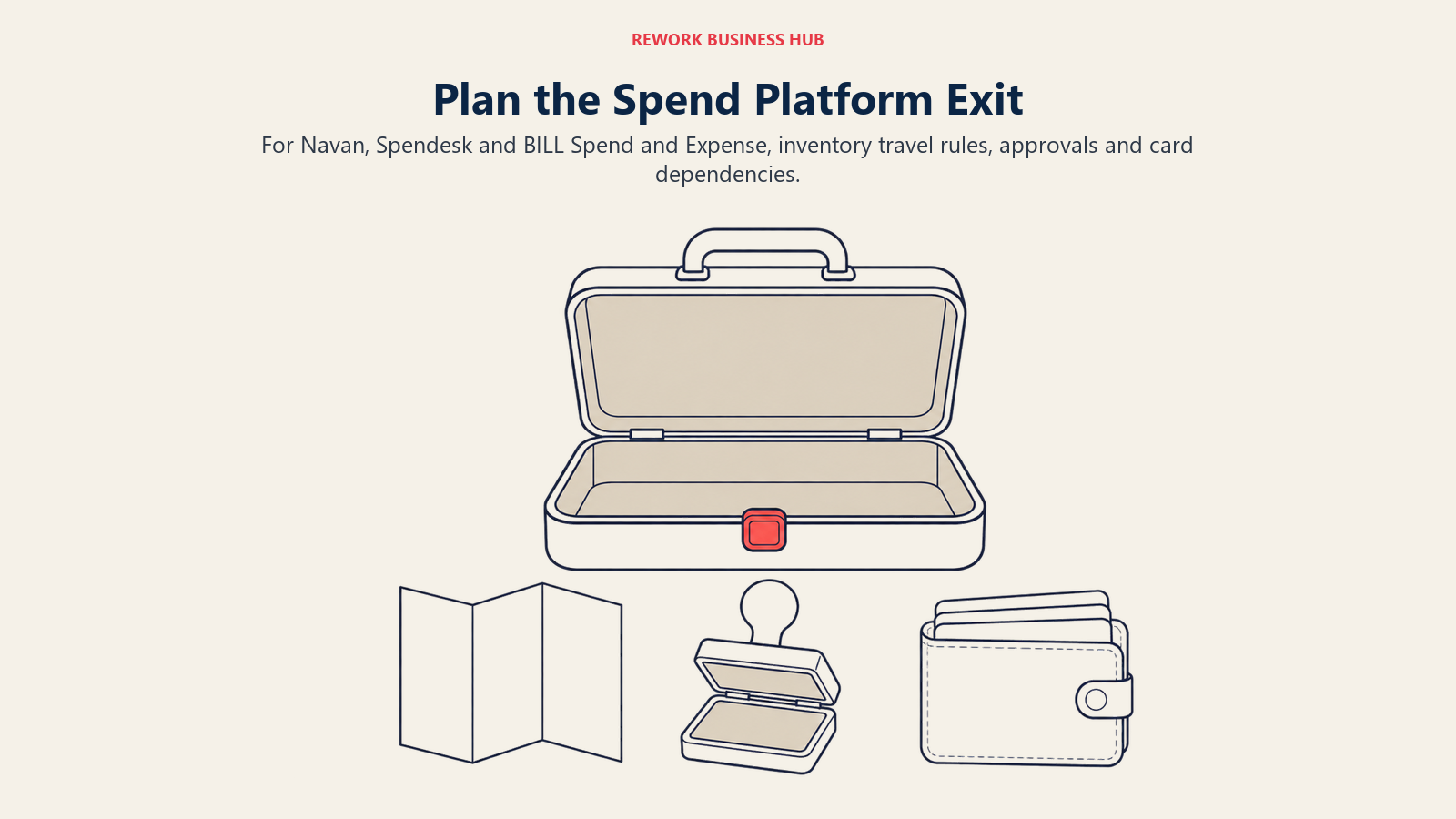 A travel map, approval stamp and card wallet beside a case for planning a three-platform exit