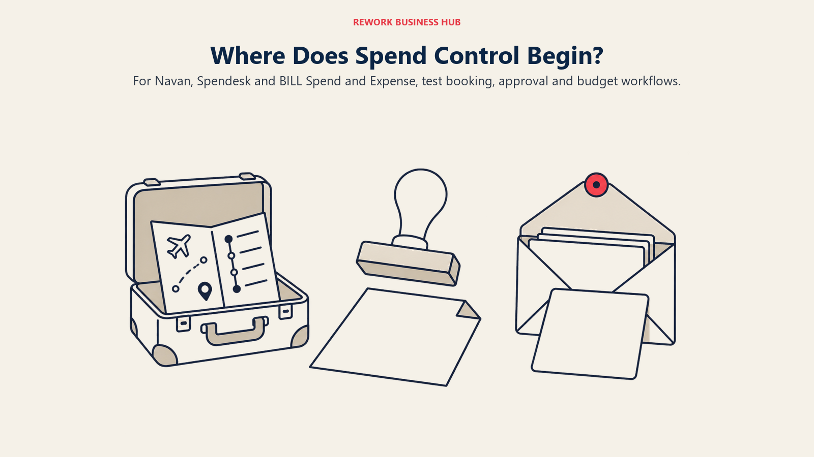 Travel case, approval stamp and budget envelope for Navan, Spendesk and BILL Spend and Expense