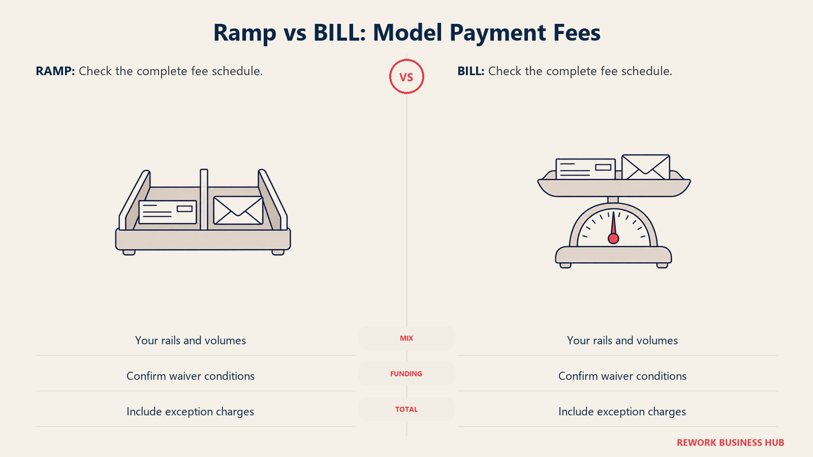 Payment sorter and weighing scale for comparing complete Ramp and BILL payment-fee scenarios