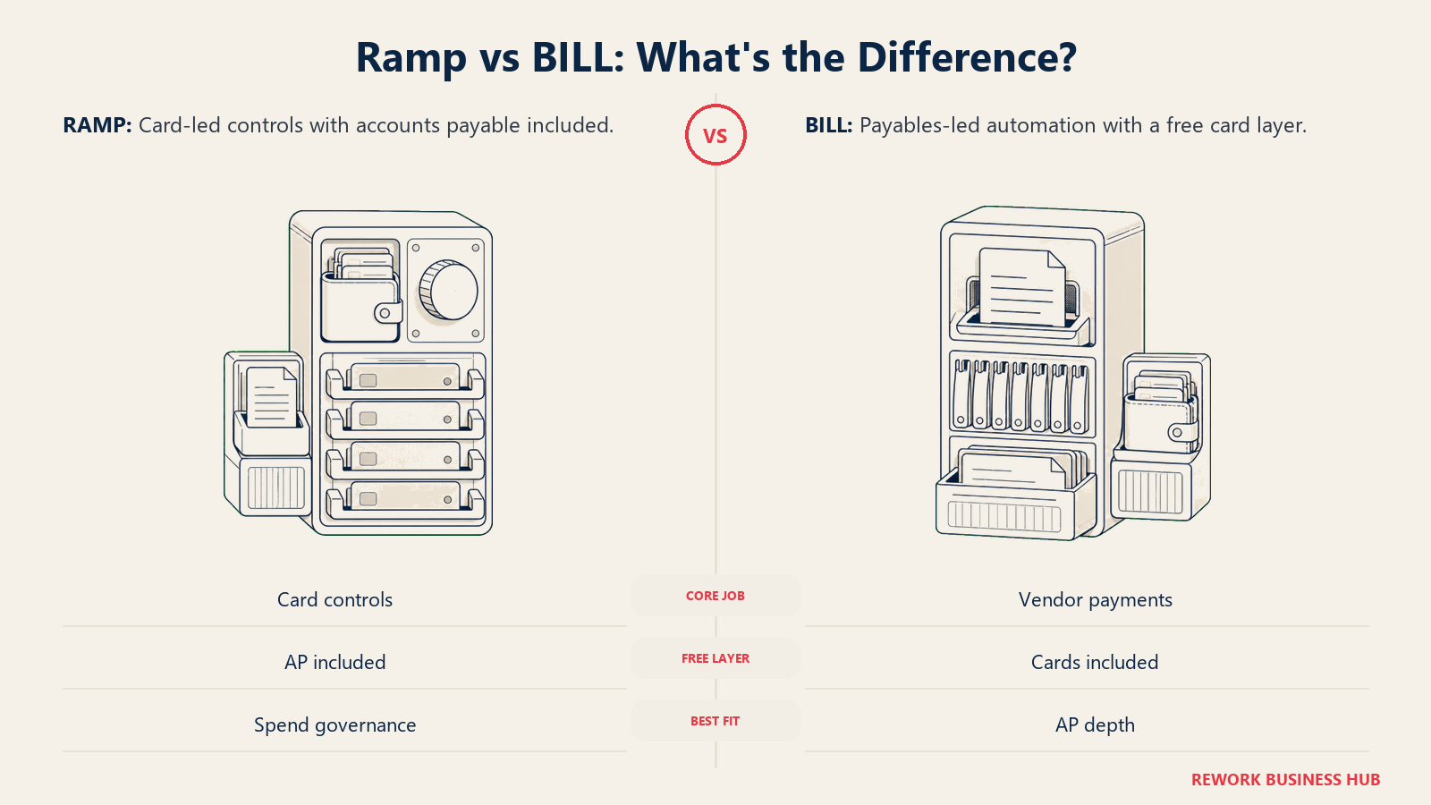 A card-led spend hub growing an invoice tray compared with an AP-led bill engine growing a card wallet