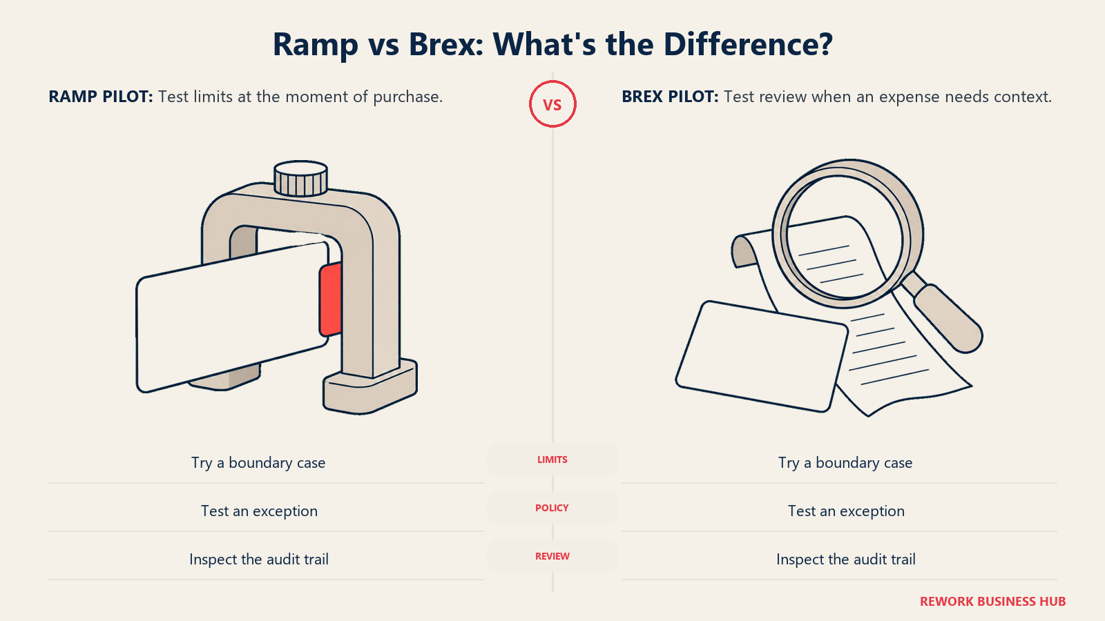 Card clamp and receipt magnifier illustrating Ramp and Brex spend-control pilot tests.