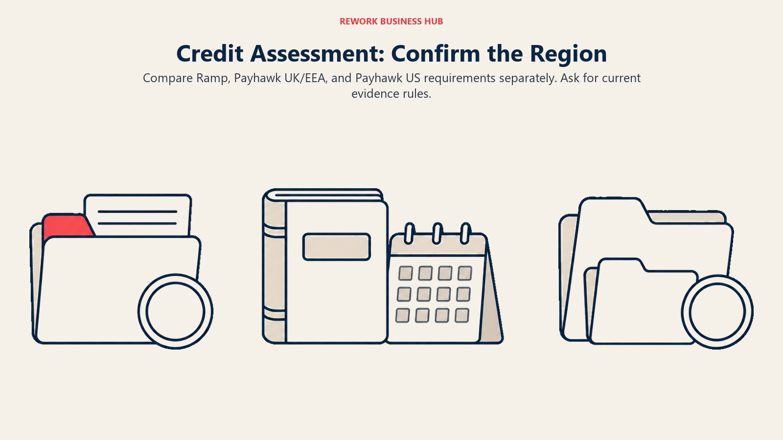 Three evidence groups representing Ramp, Payhawk UK/EEA and Payhawk US credit assessments.