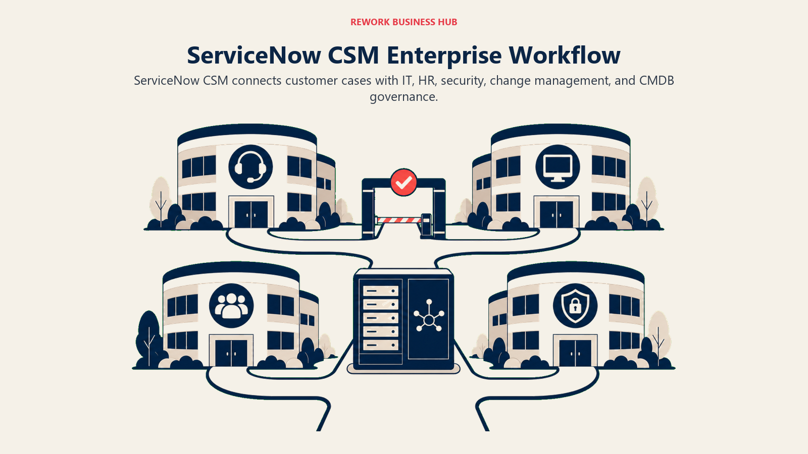 ServiceNow CSM shown as an enterprise case workflow spanning customer service, IT, HR, and security