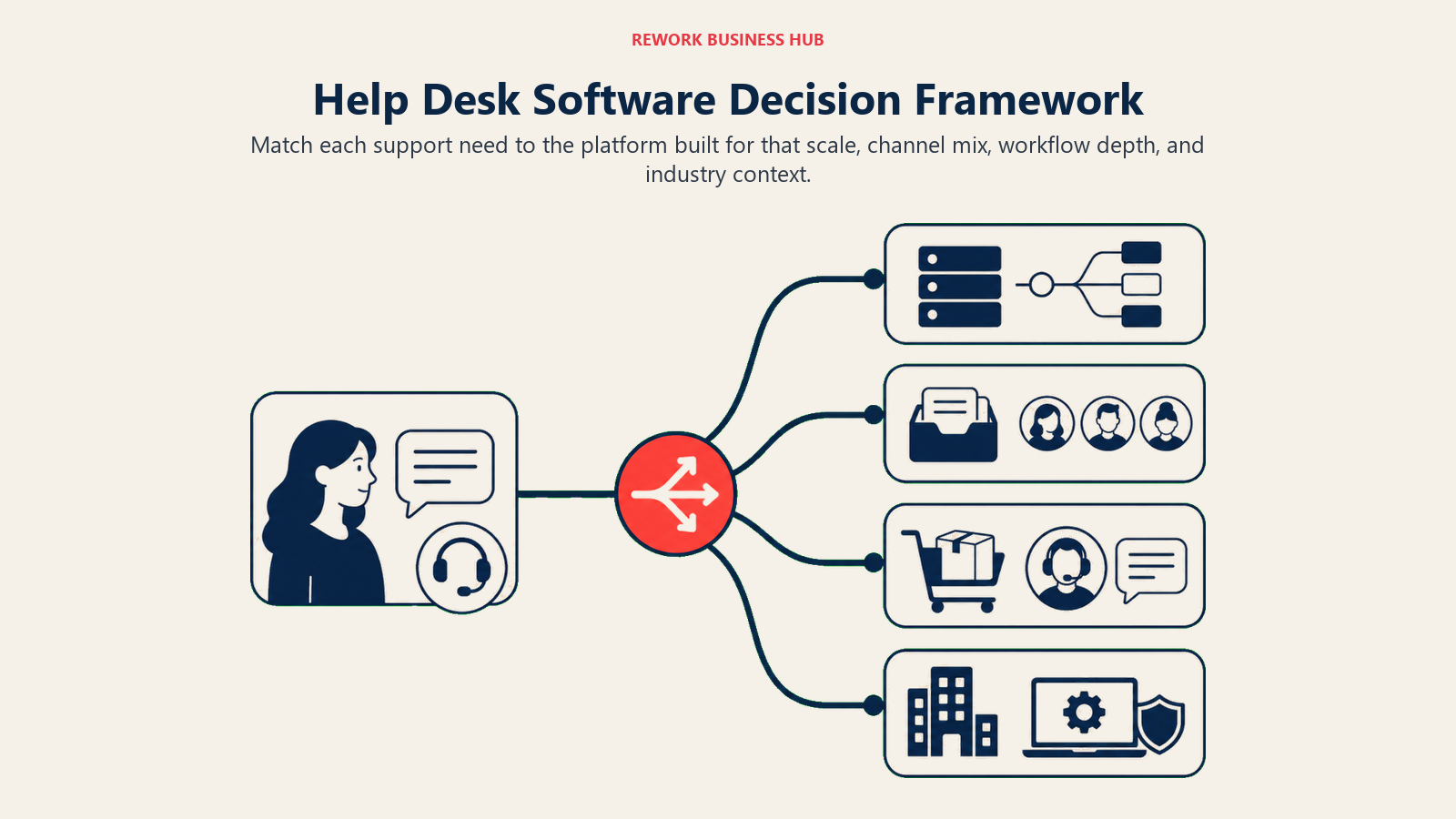Help desk software decision framework shown as routes to ticketing, shared inbox, ecommerce, and IT service destinations