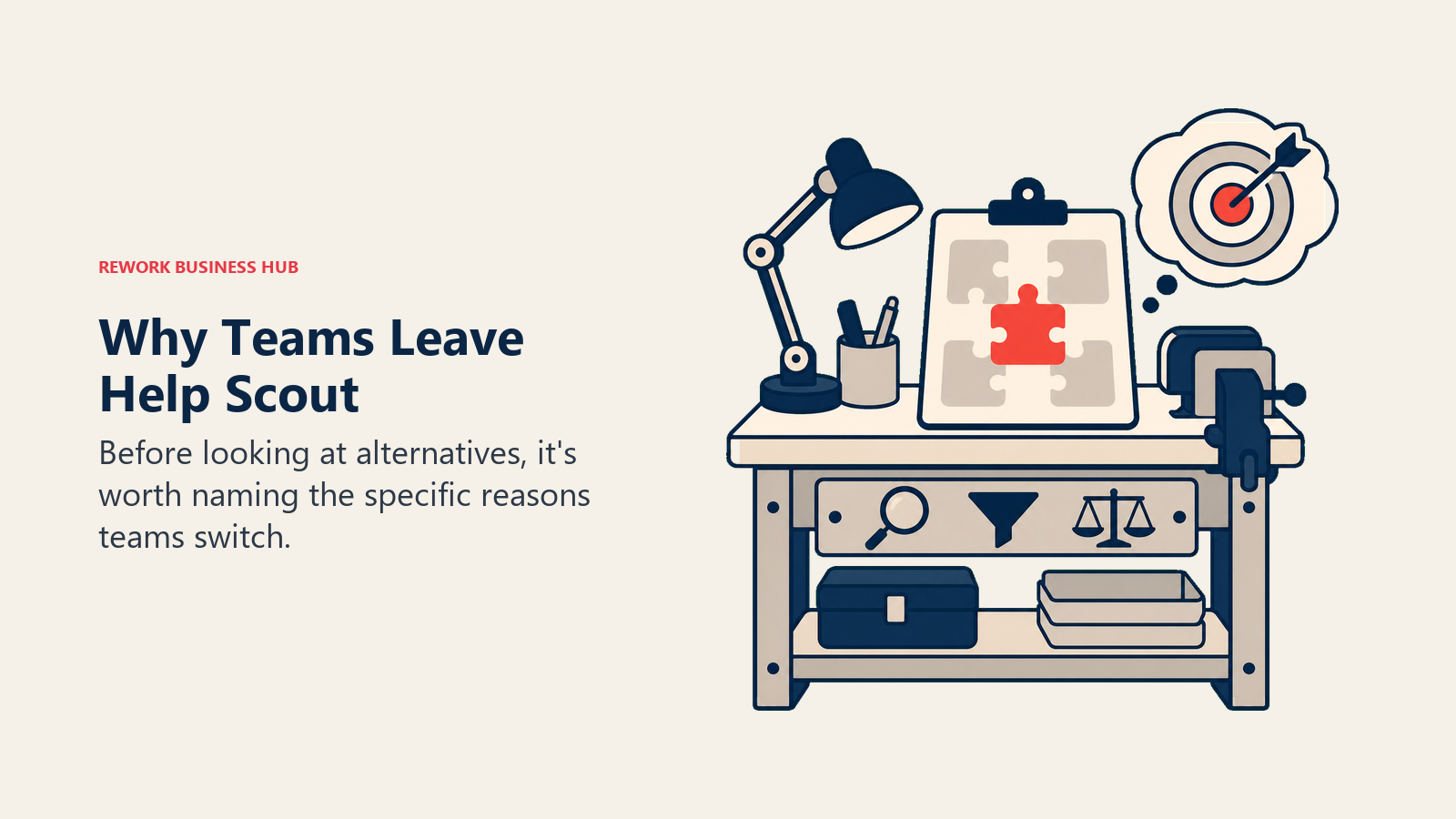 Why Teams Leave Help Scout shown with a buyer evaluation workbench