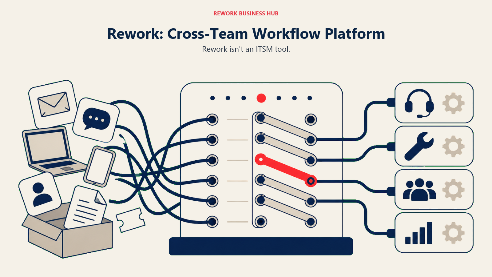 Rework: Cross-Team Workflow Platform shown with a routing switchboard