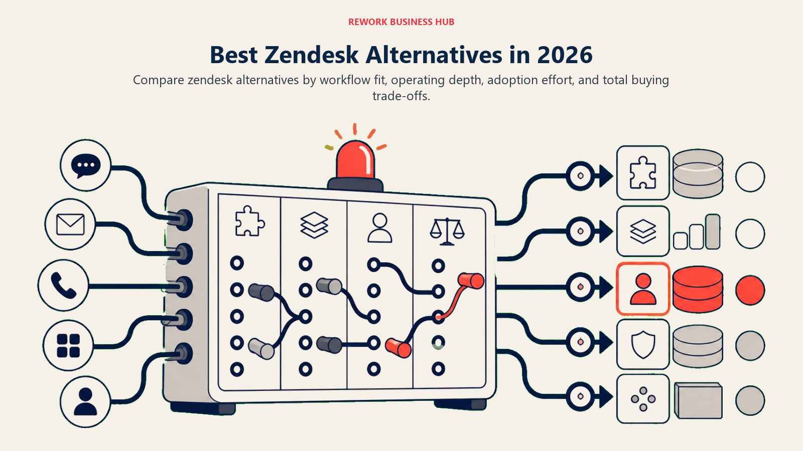 Best Zendesk Alternatives in 2026 shown with a routing switchboard
