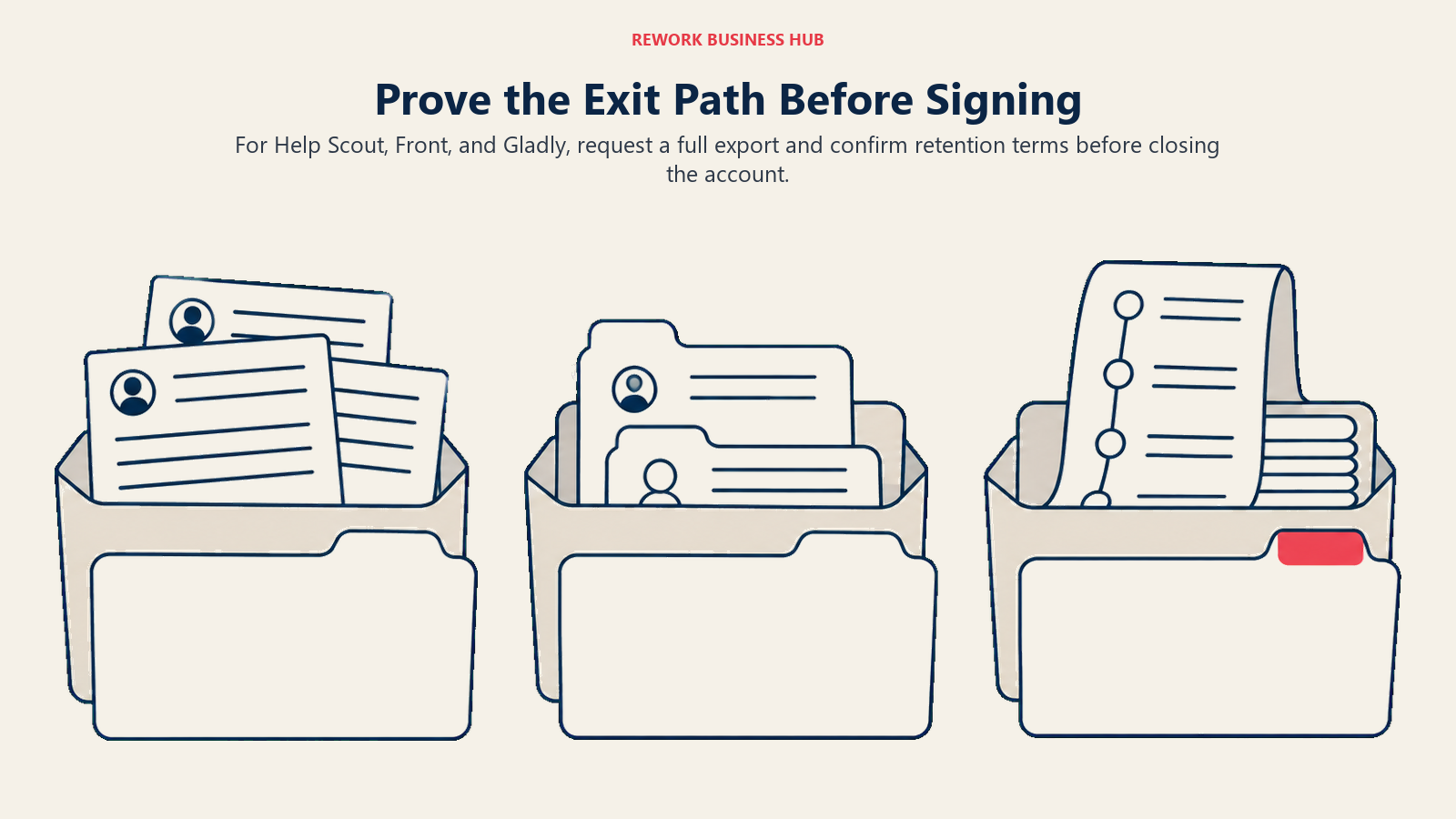 Three export folders with customer records and conversation history for Help Scout, Front and Gladly exit planning.