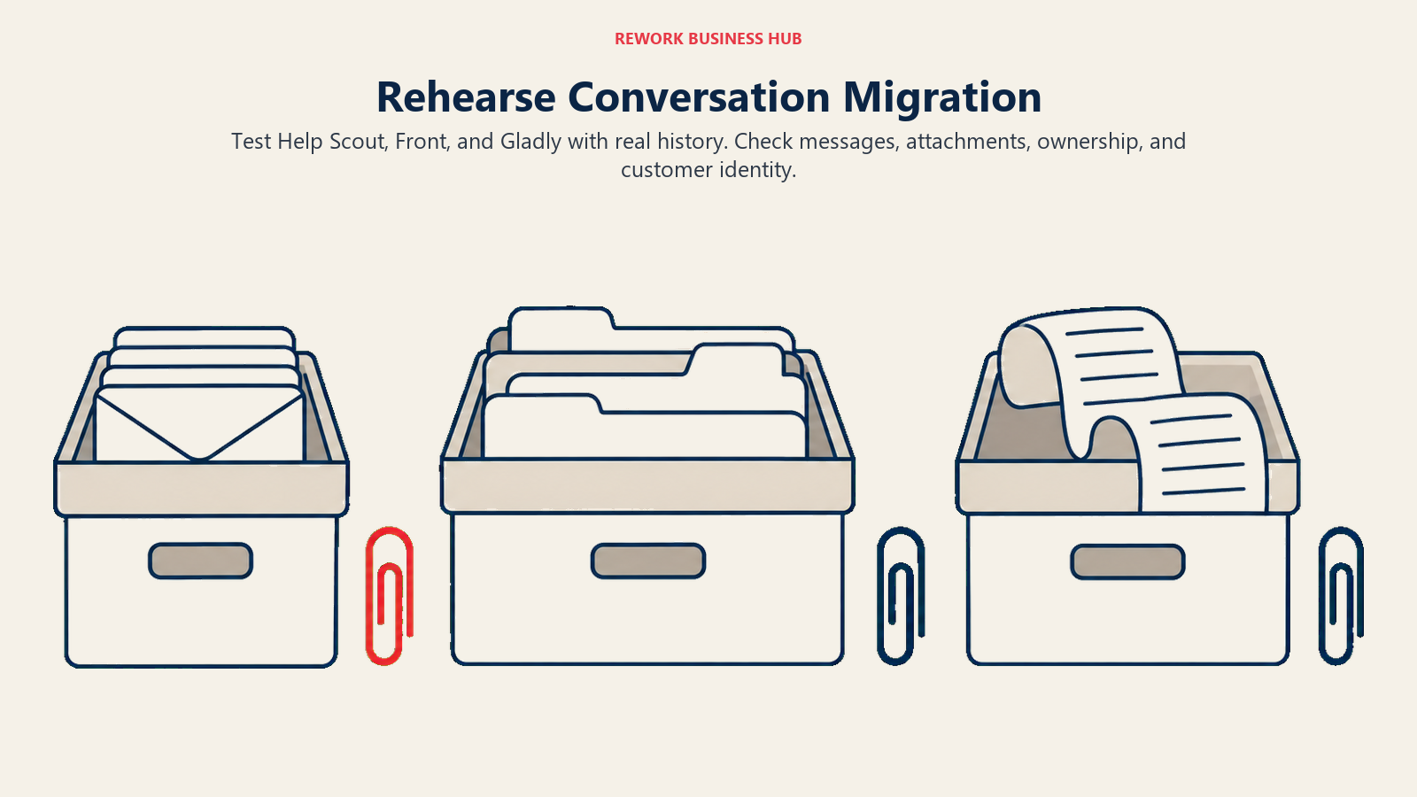 Three archive boxes containing messages, account folders and conversation history for migration testing.