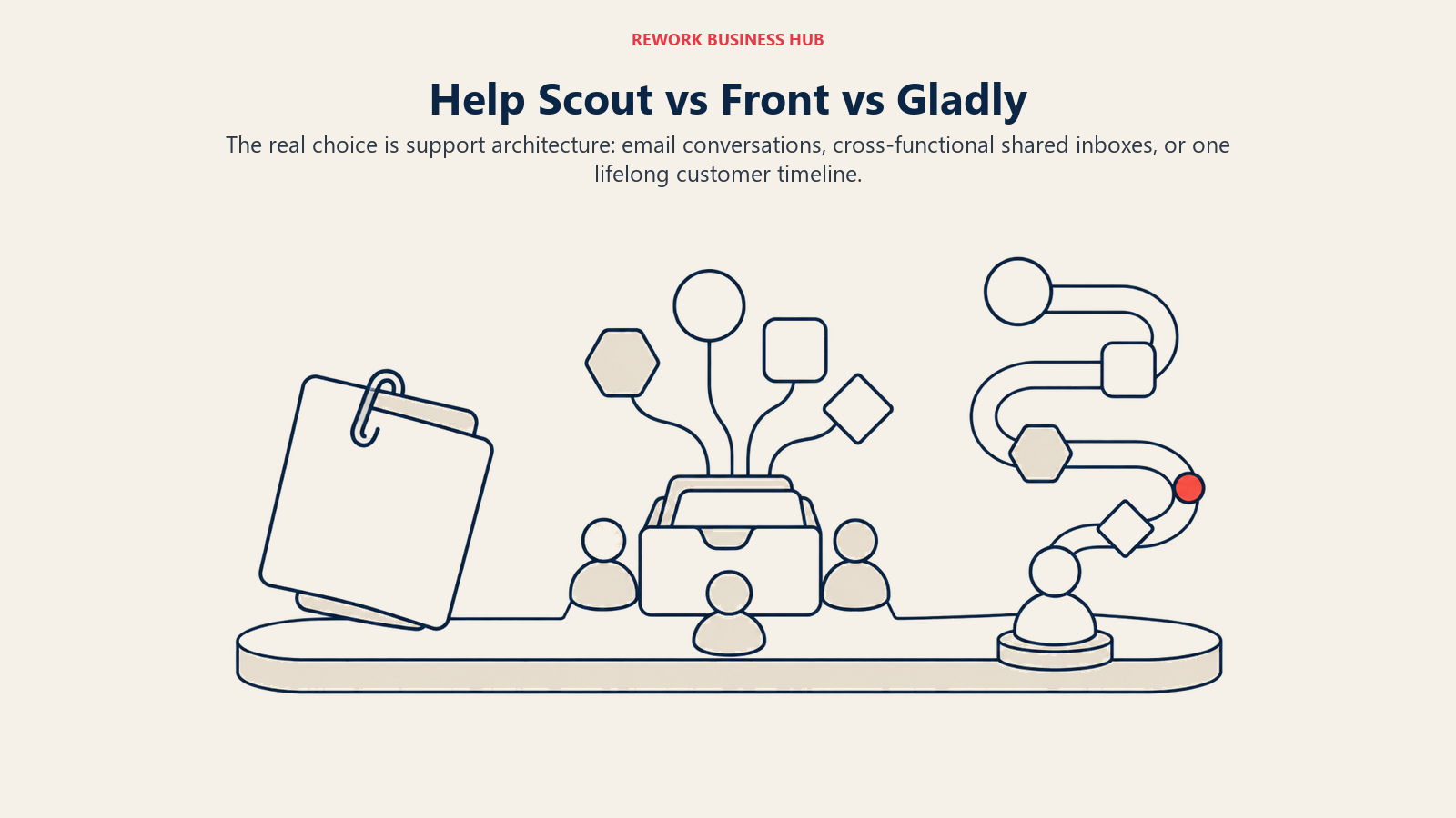 Three support architectures showing a simple email thread, a collaborative team inbox, and a lifelong customer timeline