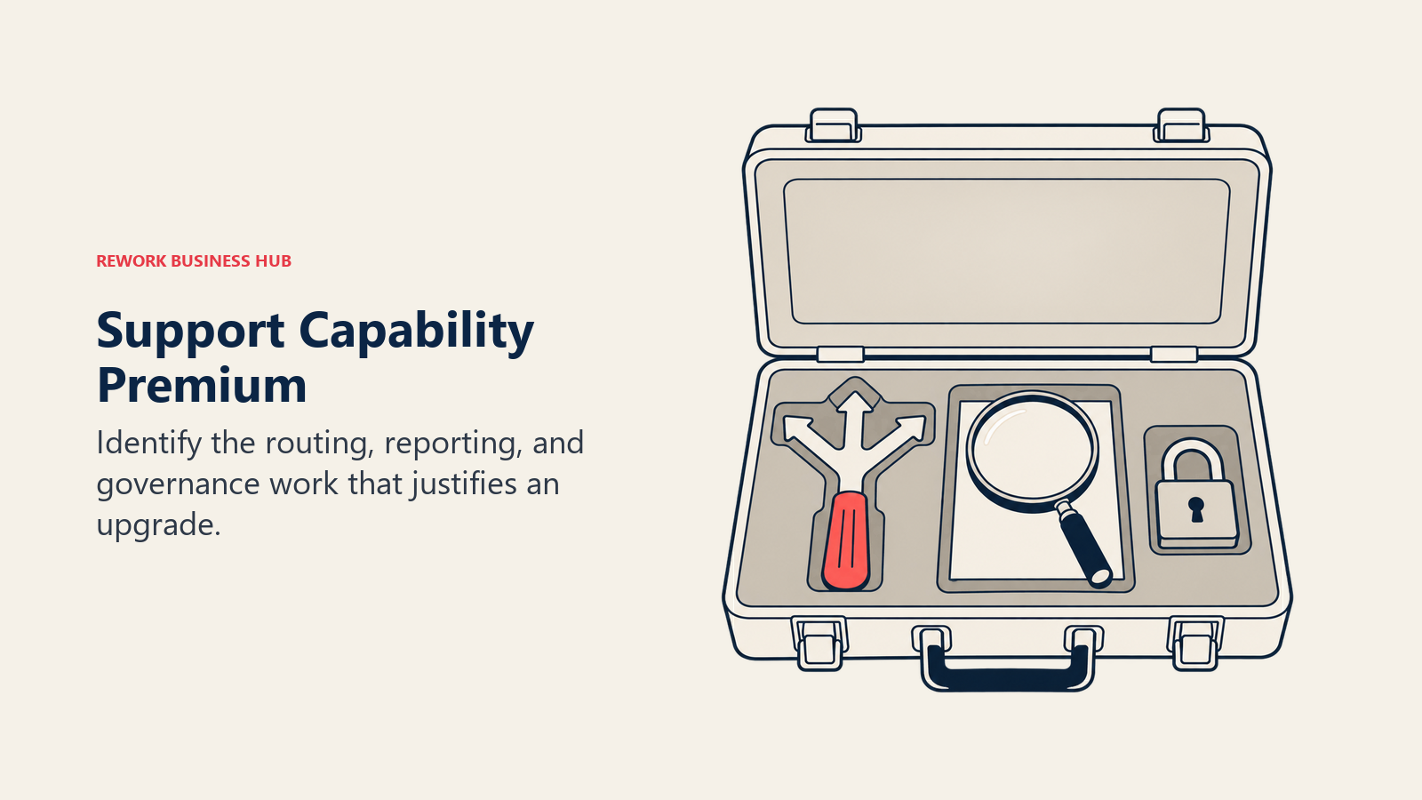 A fitted tool case represents routing, reporting, and governance capabilities to justify a help desk upgrade