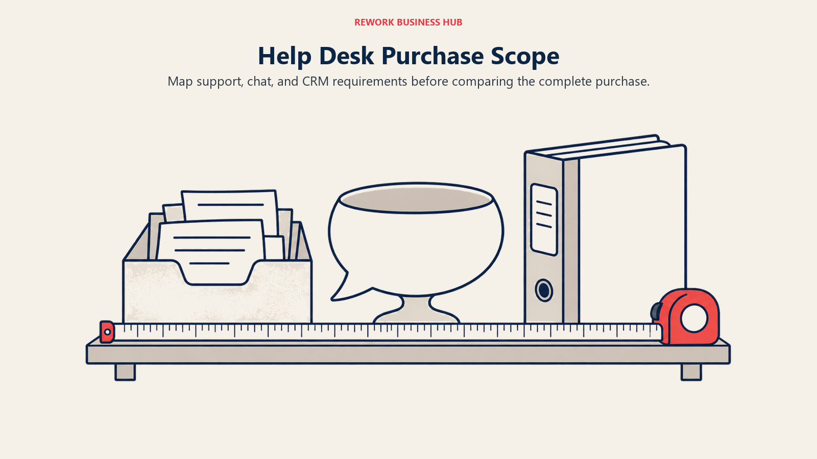 A measuring tape spans support tickets, chat, and customer records to show the scope of a help desk purchase