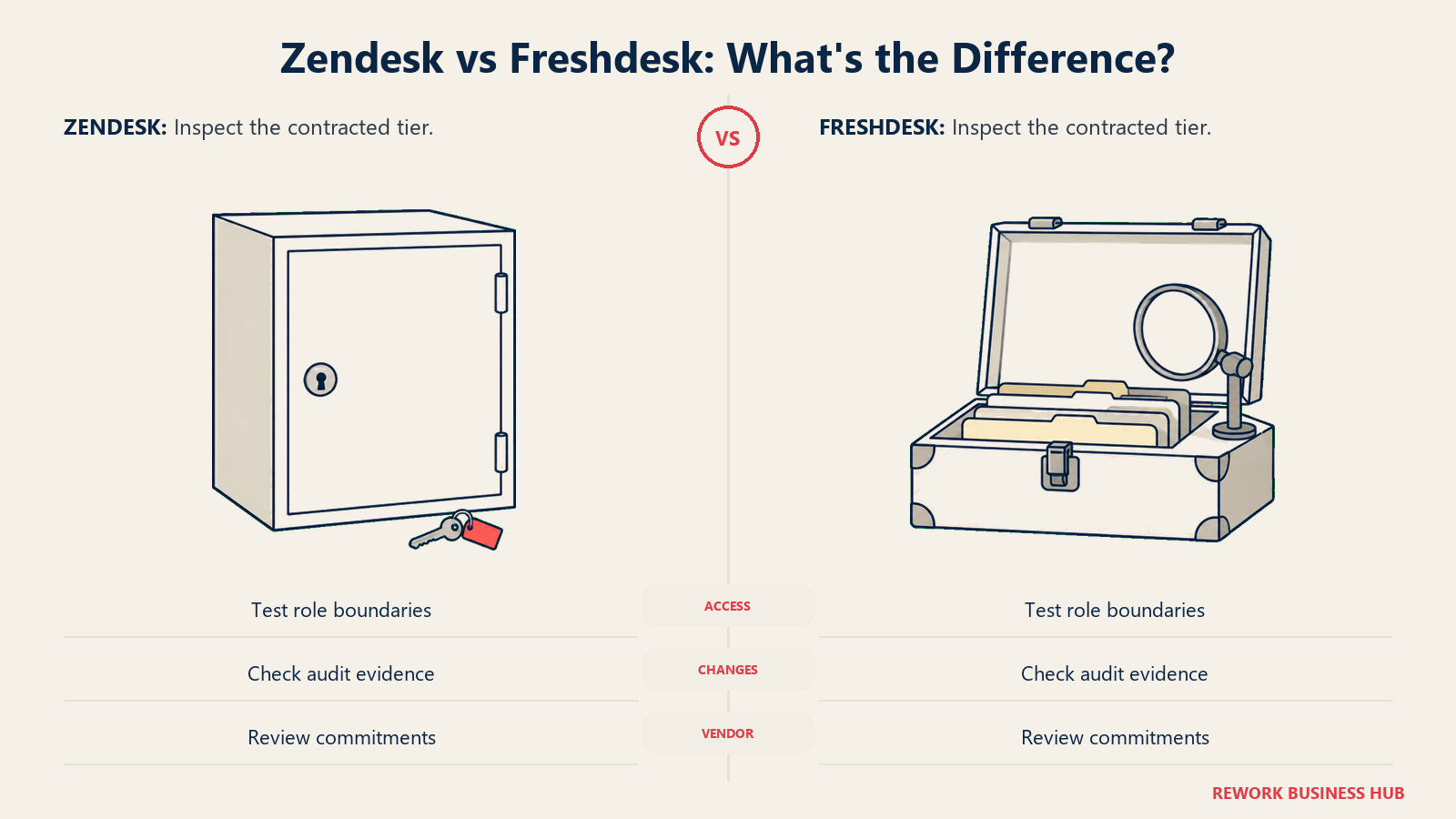 An archive cabinet and inspection case accompany identical governance checks for Zendesk and Freshdesk