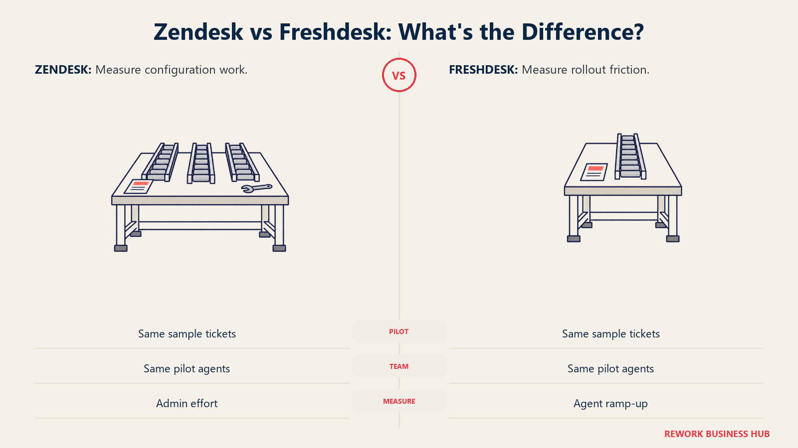 Two ticket-routing benches illustrate a matched Zendesk and Freshdesk implementation pilot
