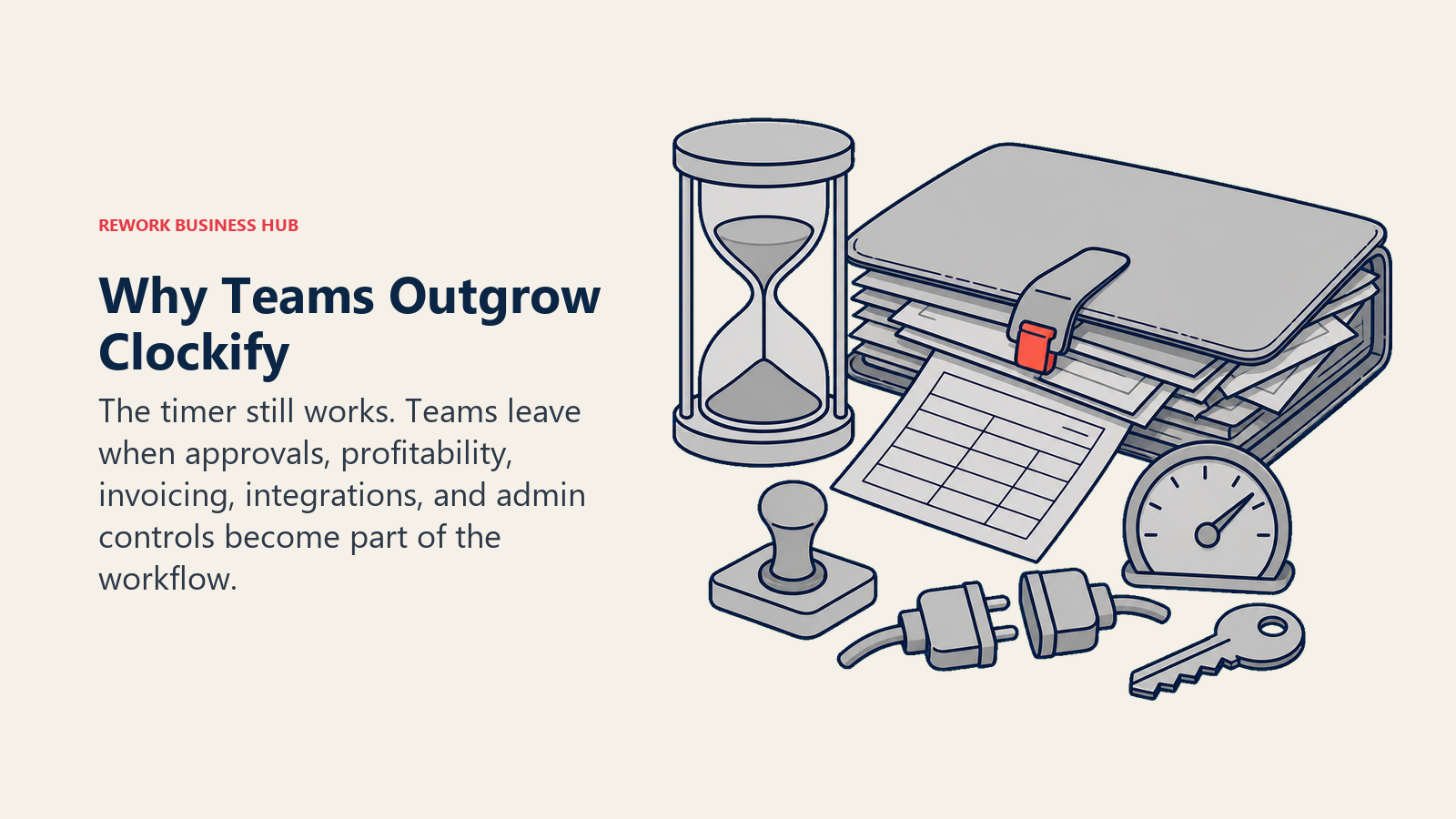 Why teams outgrow Clockify shown by a working hourglass beside an overfilled operations folio