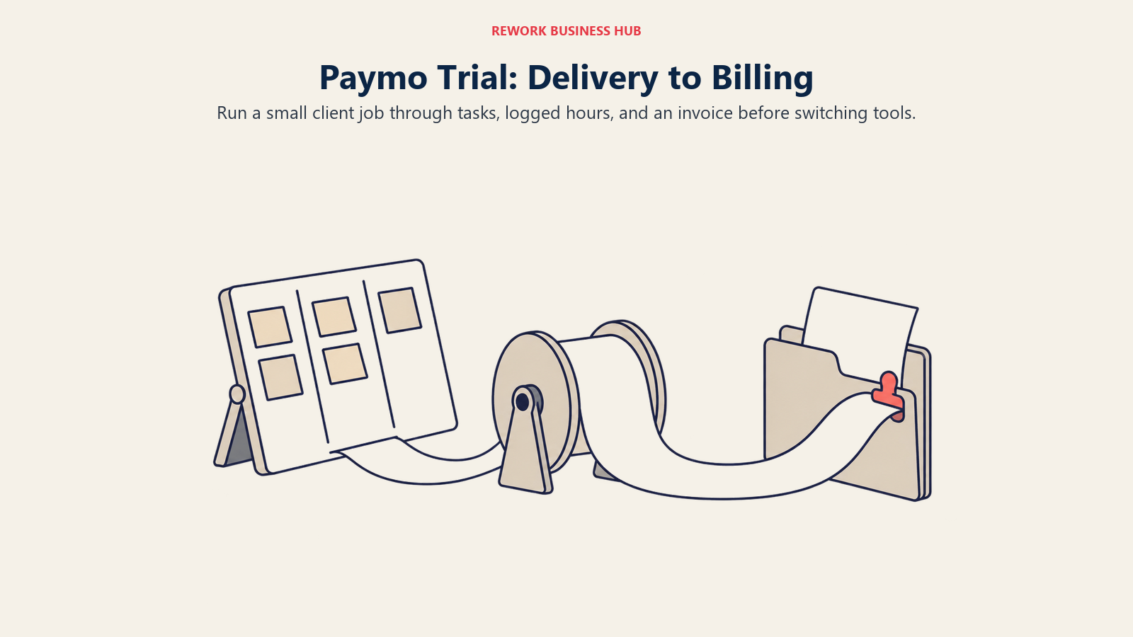 A workbench joins tasks, a time roll, and an invoice to illustrate a Paymo delivery-to-billing trial