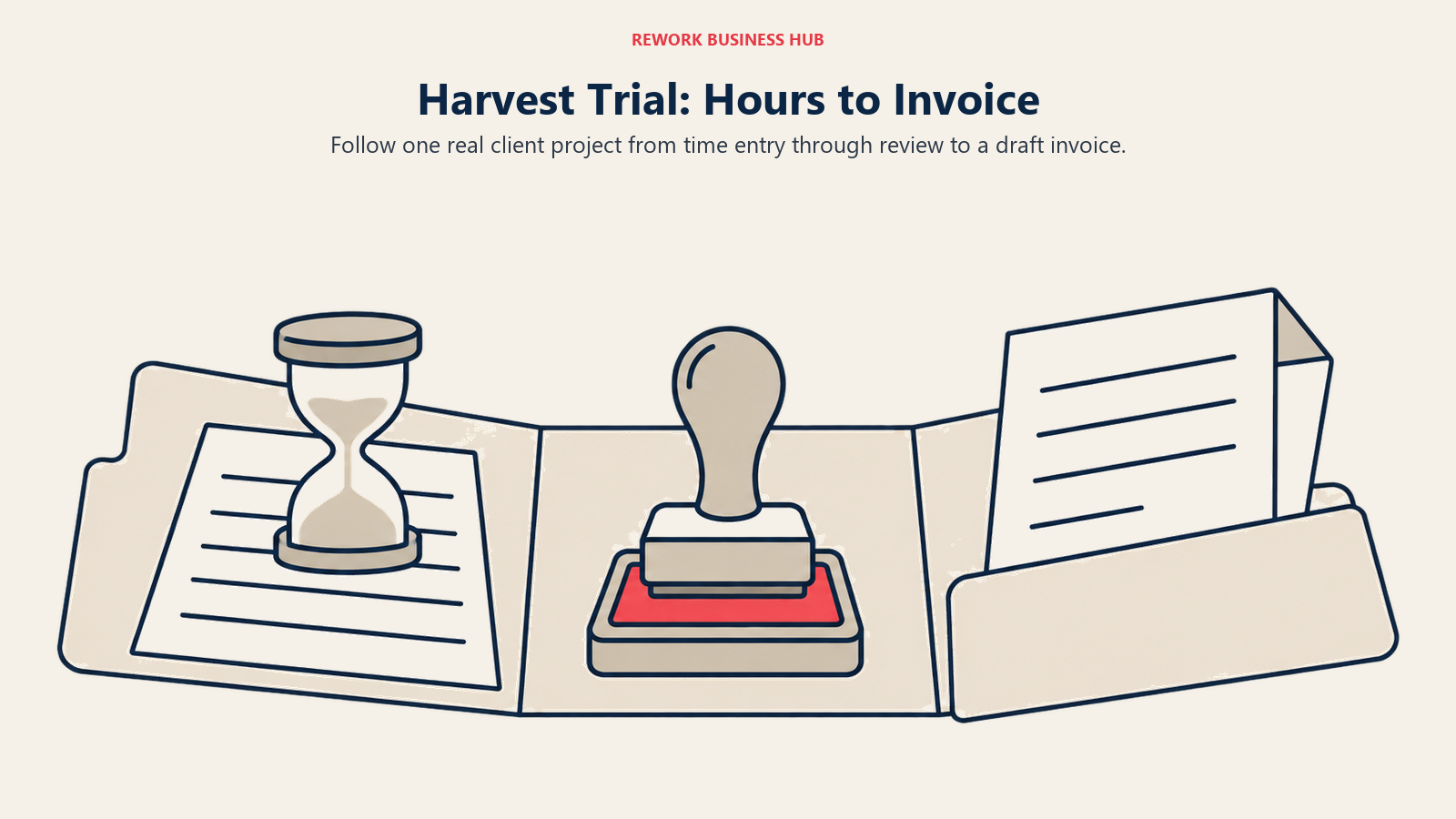 An open project folder connects tracked hours, approval, and a draft invoice in a Harvest trial