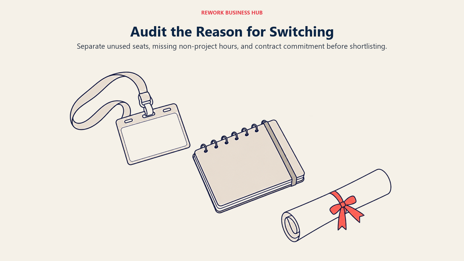 An empty badge holder, leave calendar, and contract illustrate three reasons to switch from Everhour