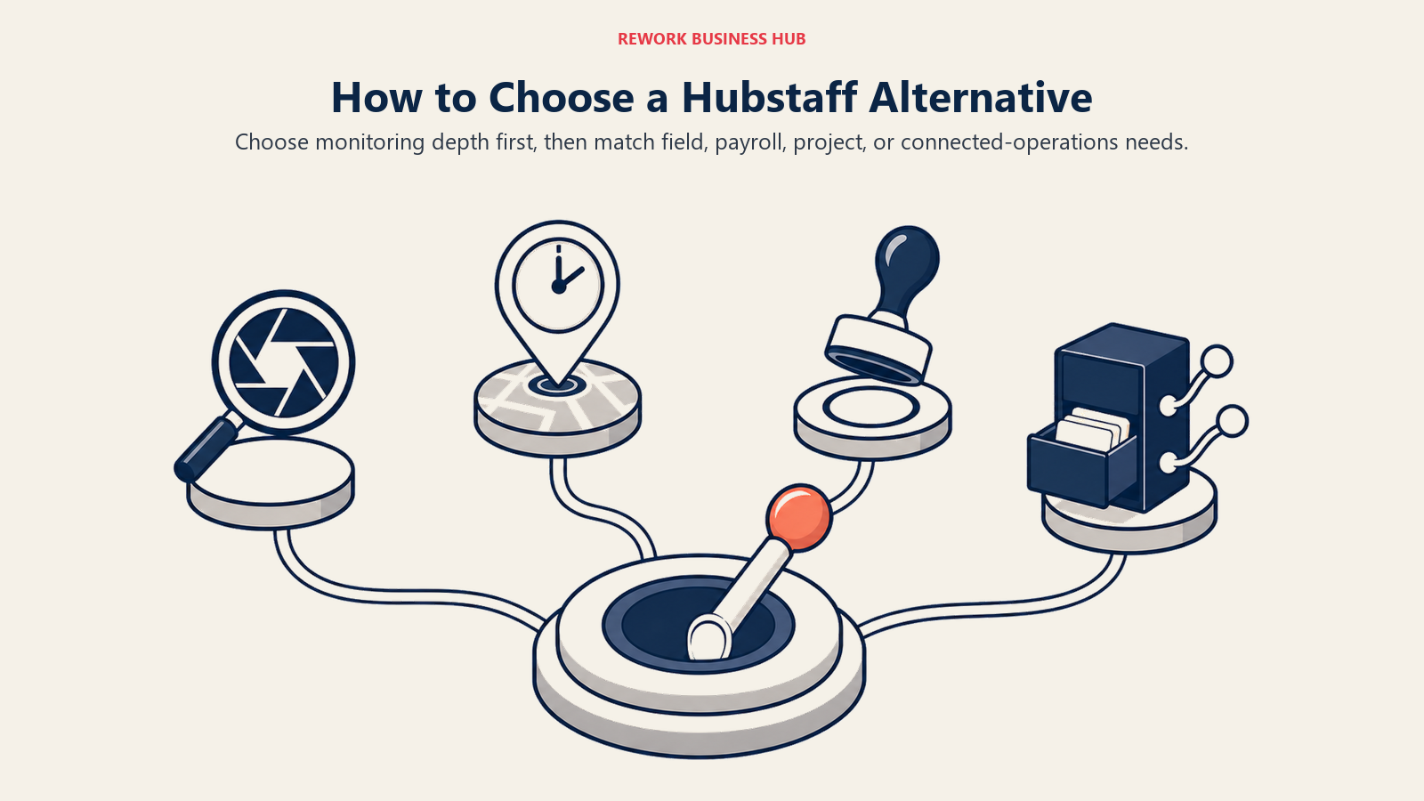 Hubstaff alternative decision framework shown as a selector routing teams toward monitoring, field attendance, payroll, or connected operations