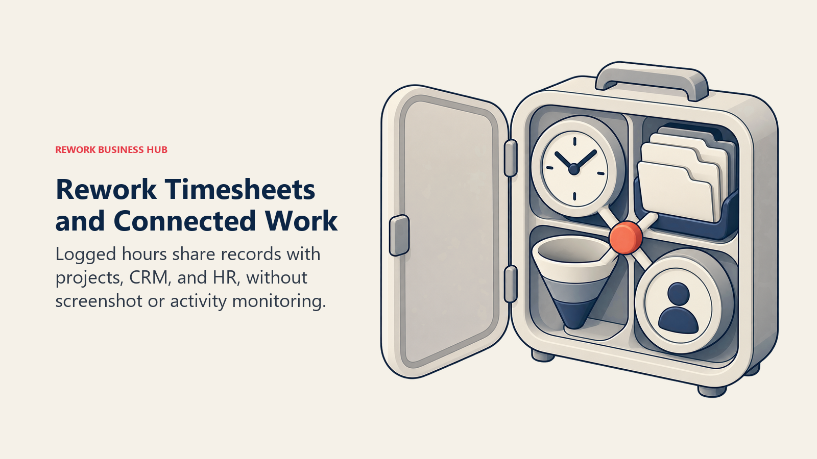 Rework connected timesheets shown as one unified work record holding time, project, CRM, and employee artifacts