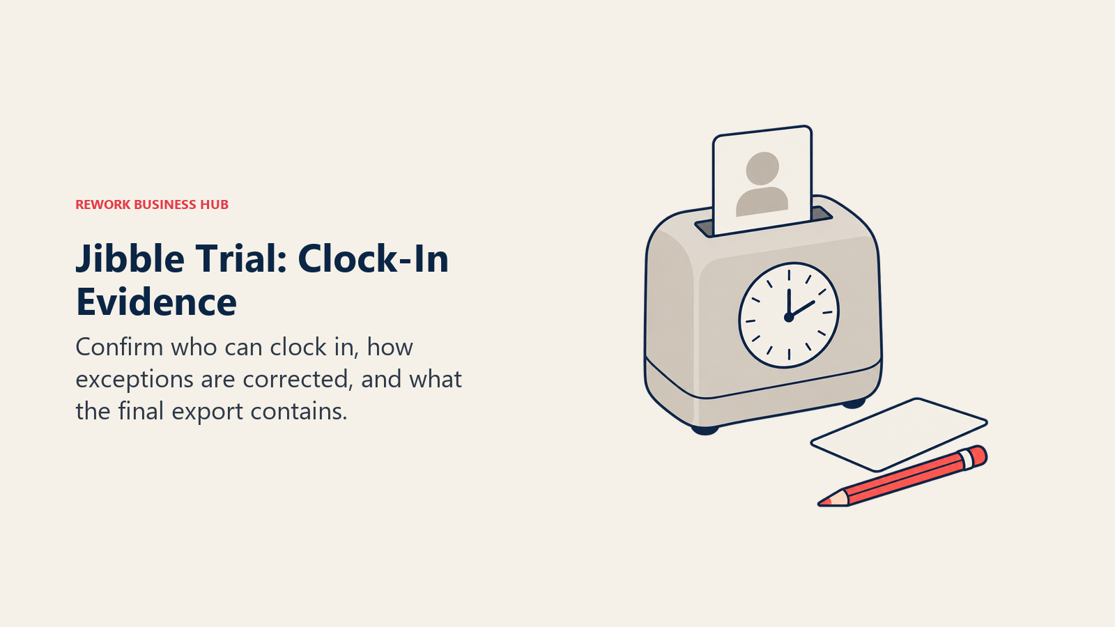 A badge clock, correction slip, and pencil illustrate checking clock-in evidence in Jibble