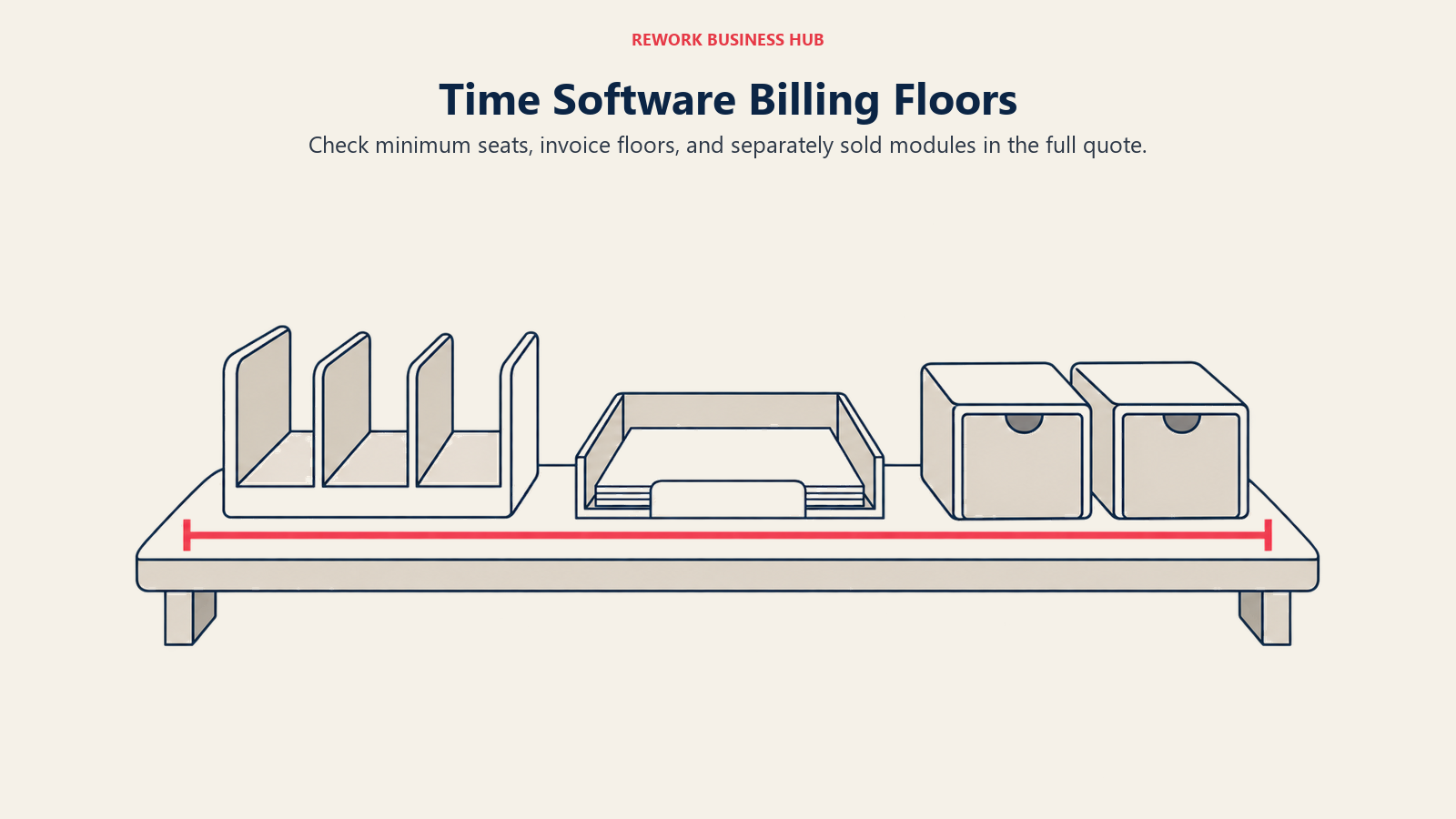 Seat slots, an invoice tray, and separate module boxes illustrate time-software billing floors