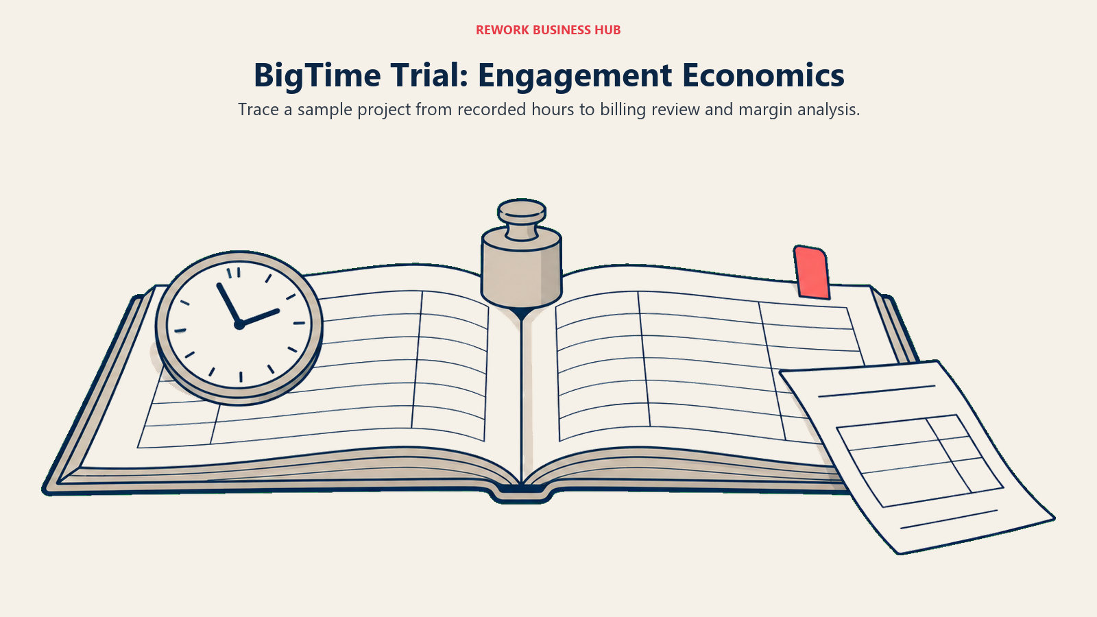 An open project ledger holds time, financial review, and billing objects for a BigTime trial