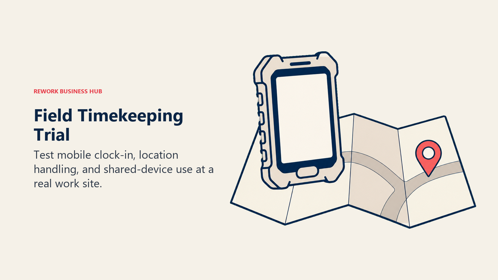A rugged clock-in phone and site map illustrate testing timekeeping at a real work site